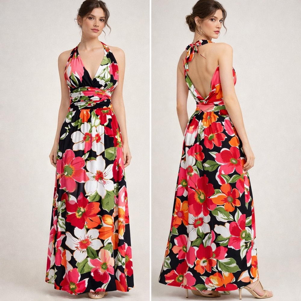 Y2K Cache Floral Halter Maxi Dress Open Back Tropical Print Fits S